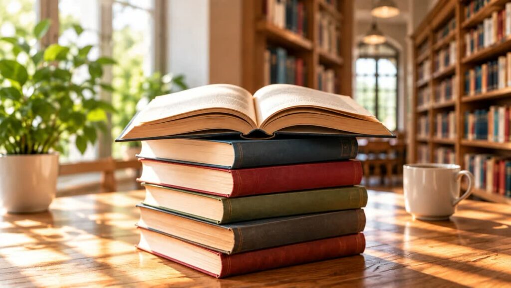 Ein Stapel gebundener Bücher mit einem aufgeschlagenen Buch obenauf, auf einem Tisch in einer Bibliothek