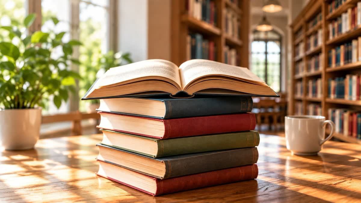 Ein Stapel gebundener Bücher mit einem aufgeschlagenen Buch obenauf, auf einem Tisch in einer Bibliothek