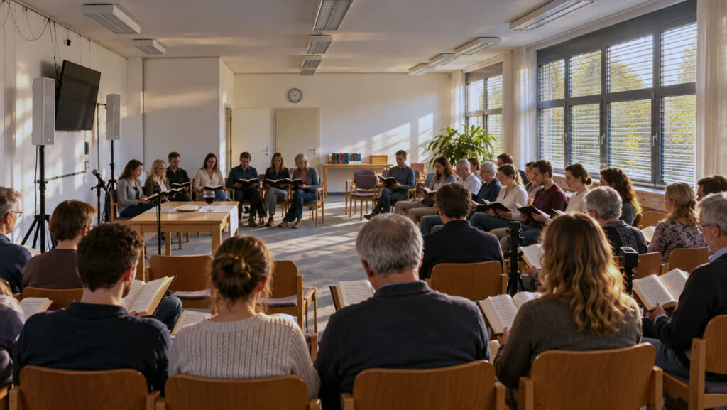 Die Gemeinde sitzt mit Bibeln im Versammlungsraum, in der Mitte der Tisch mit Brot und Kelch