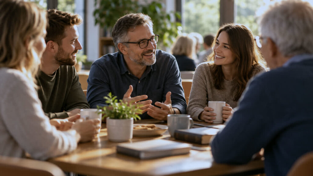 Menschen sitzen an einem Tisch bei Kaffee und sprechen miteinander